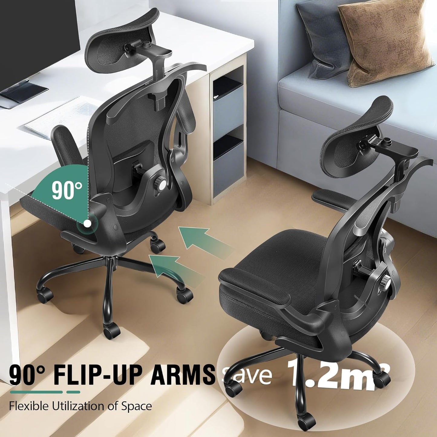 Office Chair, Ergonomic Office Chair with 3D Lumbar Support 3D Headrest, Comfy High Back Home Office Desk Chairs, Breathable Mesh Computer Chair with Flip-Up Armrests & Hanger(Black)