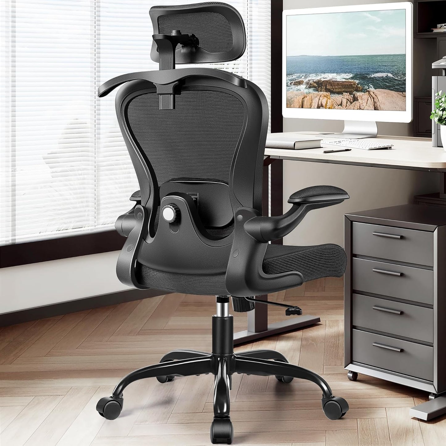 Office Chair, Ergonomic Office Chair with 3D Lumbar Support 3D Headrest, Comfy High Back Home Office Desk Chairs, Breathable Mesh Computer Chair with Flip-Up Armrests & Hanger(Black)