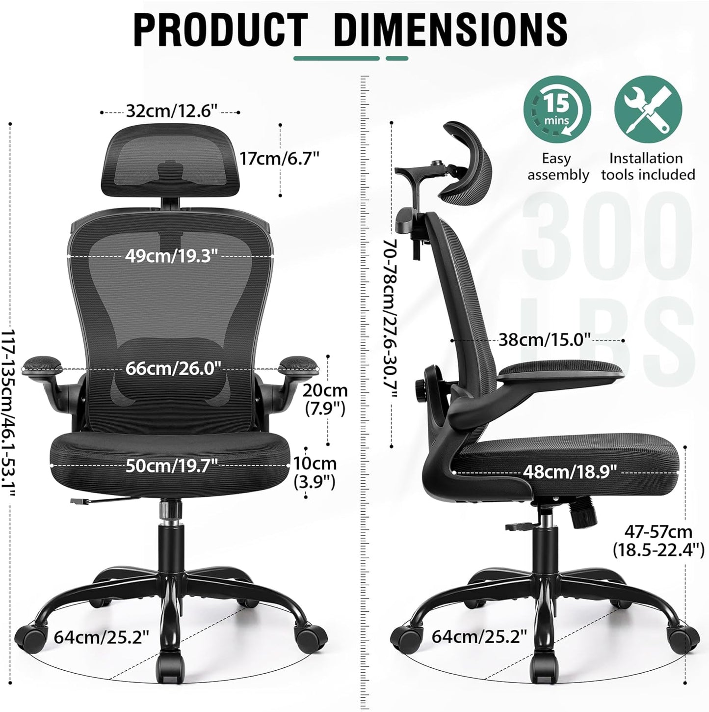 Office Chair, Ergonomic Office Chair with 3D Lumbar Support 3D Headrest, Comfy High Back Home Office Desk Chairs, Breathable Mesh Computer Chair with Flip-Up Armrests & Hanger(Black)