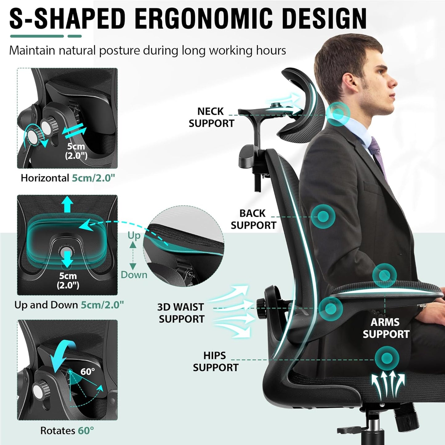 Office Chair, Ergonomic Office Chair with 3D Lumbar Support 3D Headrest, Comfy High Back Home Office Desk Chairs, Breathable Mesh Computer Chair with Flip-Up Armrests & Hanger(Black)