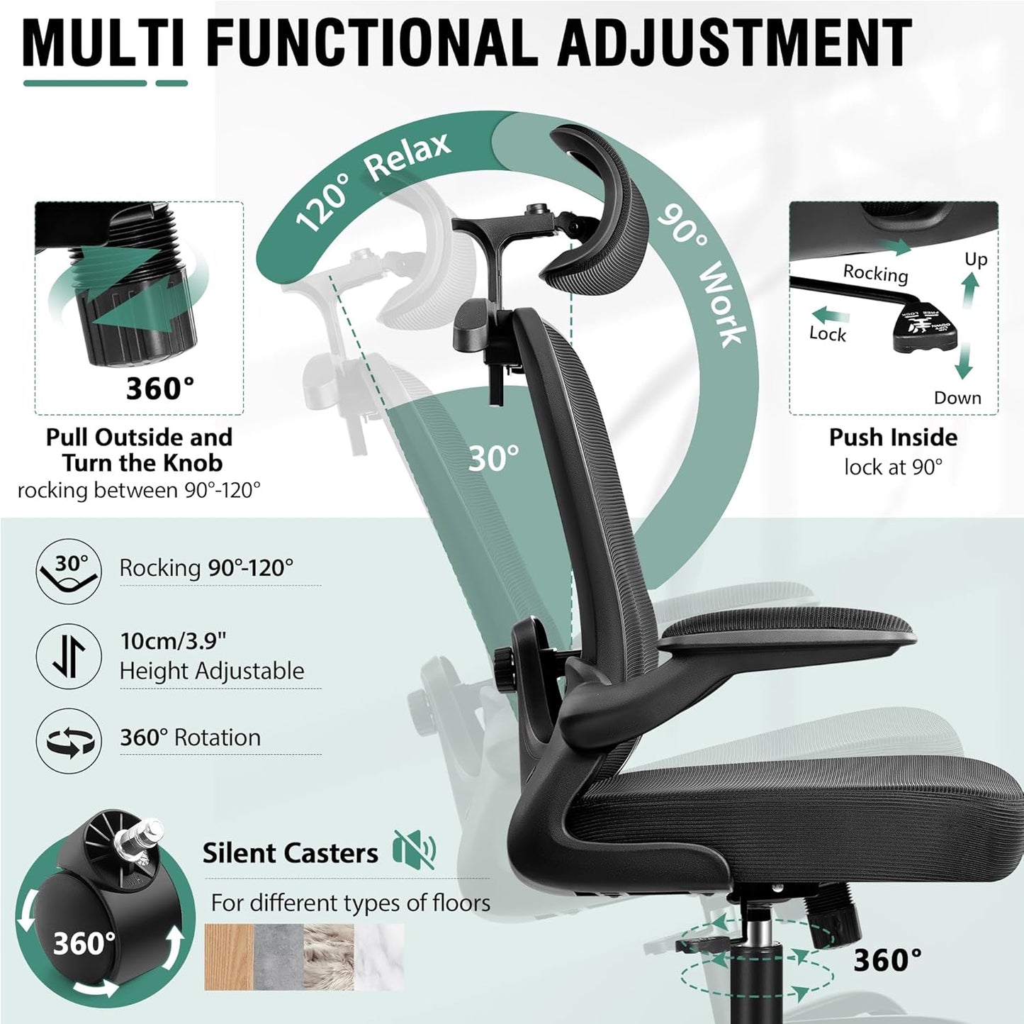 Office Chair, Ergonomic Office Chair with 3D Lumbar Support 3D Headrest, Comfy High Back Home Office Desk Chairs, Breathable Mesh Computer Chair with Flip-Up Armrests & Hanger(Black)