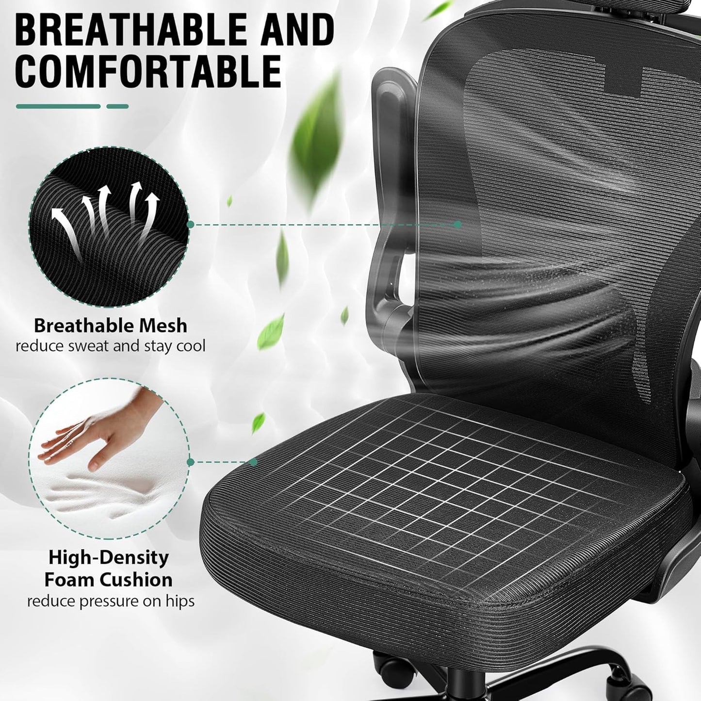 Office Chair, Ergonomic Office Chair with 3D Lumbar Support 3D Headrest, Comfy High Back Home Office Desk Chairs, Breathable Mesh Computer Chair with Flip-Up Armrests & Hanger(Black)